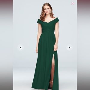 David’s Bridal Criss-Cross Off the Shoulder Bridesmaid Dress in Juniper